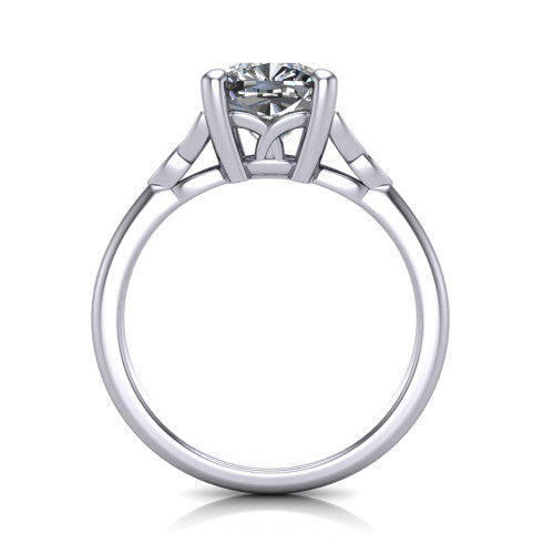 Lilith cushion solitaire engagement ring in 18K White Gold, through-finger front profile showing the open basket and polished band