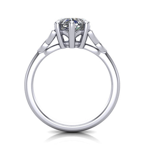 Lilith heart solitaire engagement ring in Platinum, through-finger front profile showing the open basket and polished band