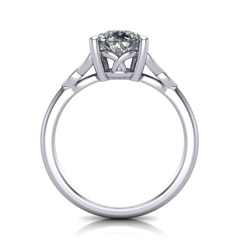 Lilith pear solitaire engagement ring in 18K White Gold, through-finger front profile showing the open basket and polished band
