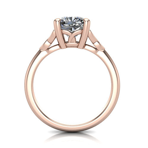 Lilith cushion solitaire engagement ring in 14K Rose Gold, through-finger front profile showing the open basket and polished band