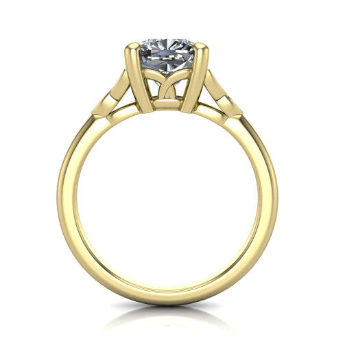 Lilith cushion solitaire engagement ring in 18K Yellow Gold, through-finger front profile showing the open basket and polished band