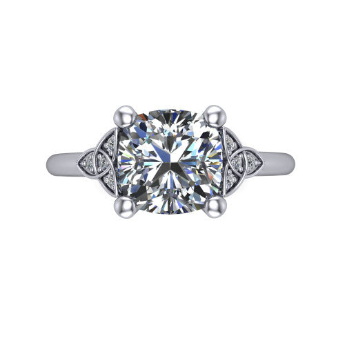 Lilith cushion solitaire engagement ring in Platinum, top-down view showing the four-prong cushion center diamond and knot accents