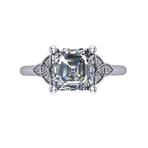 Lilith square emerald solitaire engagement ring in 18K White Gold, top-down view showing the four-prong square emerald center diamond and knot accents