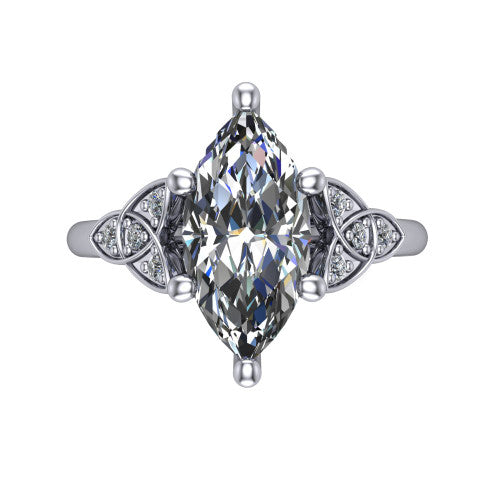 Lilith marquise solitaire engagement ring in Platinum, top-down view showing the four-prong marquise center diamond and knot accents