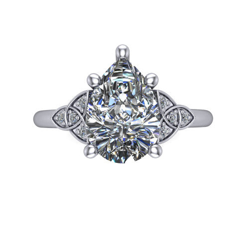 Lilith pear solitaire engagement ring in 14K White Gold, top-down view showing the four-prong pear center diamond and knot accents