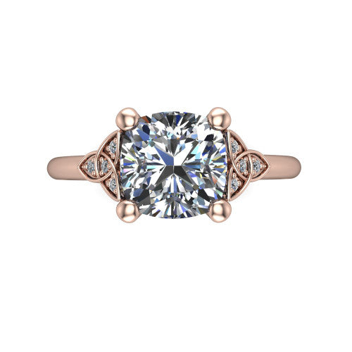 Lilith cushion solitaire engagement ring in 18K Rose Gold, top-down view showing the four-prong cushion center diamond and knot accents