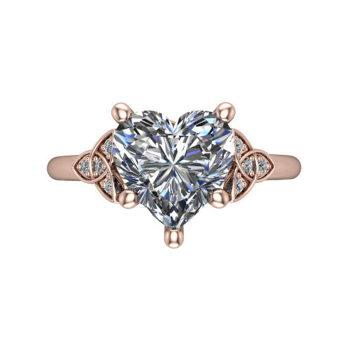 Lilith heart solitaire engagement ring in 14K Rose Gold, top-down view showing the four-prong heart center diamond and knot accents