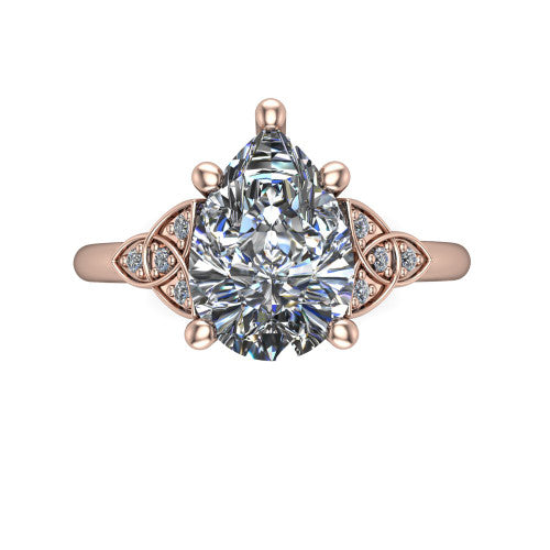 Lilith pear solitaire engagement ring in 14K Rose Gold, top-down view showing the four-prong pear center diamond and knot accents