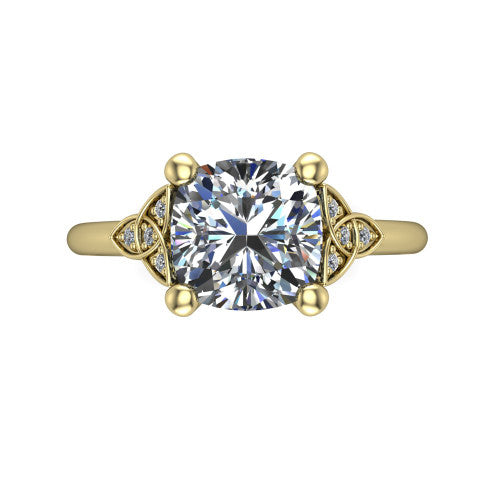 Lilith cushion solitaire engagement ring in 18K Yellow Gold, top-down view showing the four-prong cushion center diamond and knot accents
