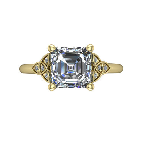 Lilith square emerald solitaire engagement ring in 18K Yellow Gold, top-down view showing the four-prong square emerald center diamond and knot accents