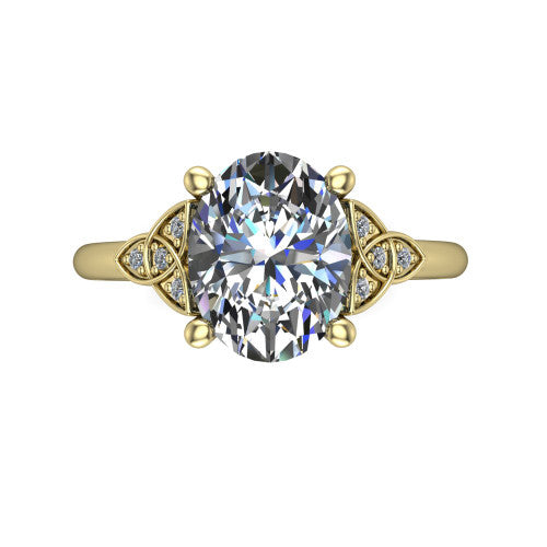 Lilith oval solitaire engagement ring in 18K Yellow Gold, top-down view showing the four-prong oval center diamond and knot accents