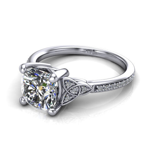 Samara cushion-cut Celtic engagement ring in 18K White Gold, three-quarter perspective showing the cushion-cut center diamond, Celtic trinity-knot shoulders, and pavé band