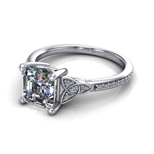 Samara square emerald-cut Celtic engagement ring in Platinum, three-quarter perspective showing the square emerald-cut center diamond, Celtic trinity-knot shoulders, and pavé band