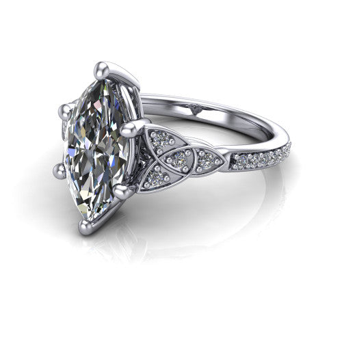 Samara marquise-cut Celtic engagement ring in 14K White Gold, three-quarter perspective showing the marquise-cut center diamond, Celtic trinity-knot shoulders, and pavé band