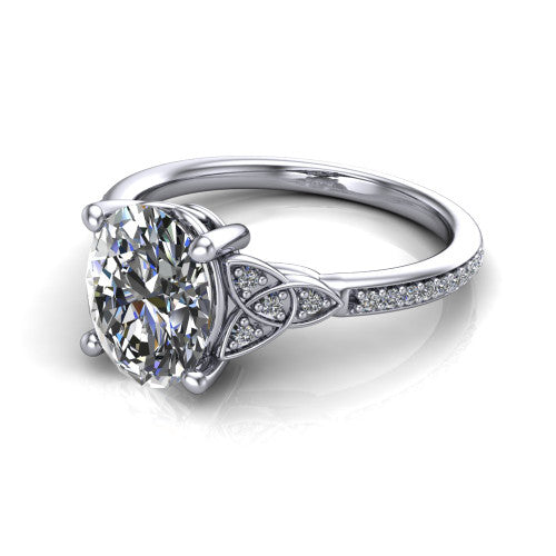 Samara oval Celtic engagement ring in Platinum, three-quarter perspective showing the oval center diamond, Celtic trinity-knot shoulders, and pavé band