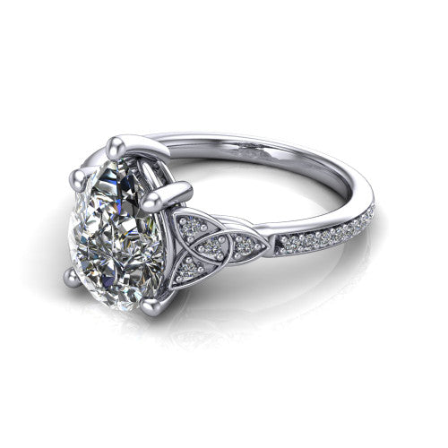 Samara pear-shaped Celtic engagement ring in 14K White Gold, three-quarter perspective showing the pear-shaped center diamond, Celtic trinity-knot shoulders, and pavé band
