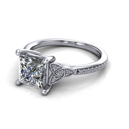 Samara princess-cut Celtic engagement ring in Platinum, three-quarter perspective showing the princess-cut center diamond, Celtic trinity-knot shoulders, and pavé band