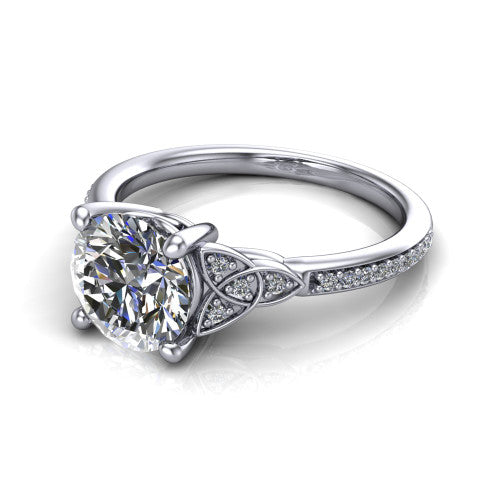 Samara round Celtic engagement ring in 14K White Gold, three-quarter perspective showing the round center diamond, Celtic trinity-knot shoulders, and pavé band