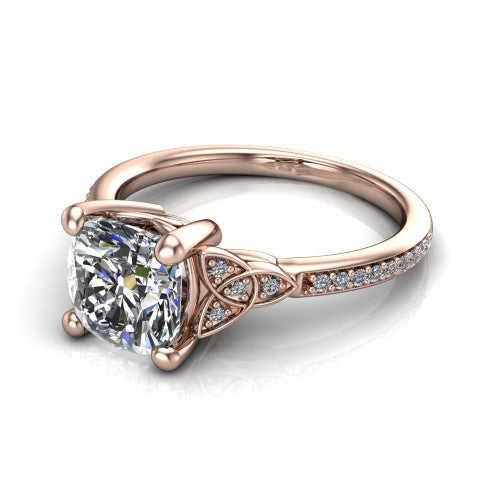 Samara cushion-cut Celtic engagement ring in 18K Rose Gold, three-quarter perspective showing the cushion-cut center diamond, Celtic trinity-knot shoulders, and pavé band