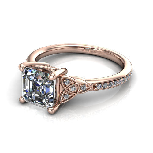 Samara square emerald-cut Celtic engagement ring in 18K Rose Gold, three-quarter perspective showing the square emerald-cut center diamond, Celtic trinity-knot shoulders, and pavé band