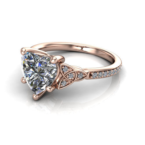 Samara heart-shaped Celtic engagement ring in 14K Rose Gold, three-quarter perspective showing the heart-shaped center diamond, Celtic trinity-knot shoulders, and pavé band