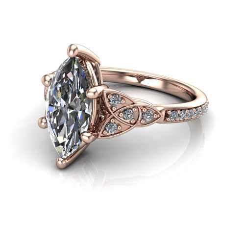 Samara marquise-cut Celtic engagement ring in 14K Rose Gold, three-quarter perspective showing the marquise-cut center diamond, Celtic trinity-knot shoulders, and pavé band