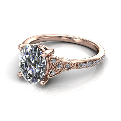 Samara oval Celtic engagement ring in 18K Rose Gold, three-quarter perspective showing the oval center diamond, Celtic trinity-knot shoulders, and pavé band