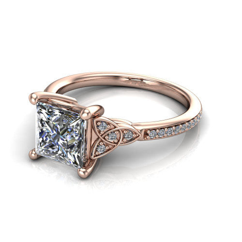 Samara princess-cut Celtic engagement ring in 14K Rose Gold, three-quarter perspective showing the princess-cut center diamond, Celtic trinity-knot shoulders, and pavé band