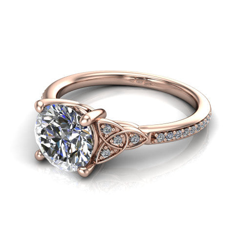Samara round Celtic engagement ring in 14K Rose Gold, three-quarter perspective showing the round center diamond, Celtic trinity-knot shoulders, and pavé band
