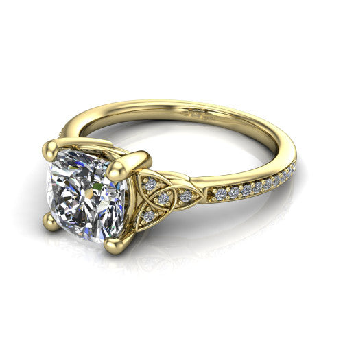Samara cushion-cut Celtic engagement ring in 18K Yellow Gold, three-quarter perspective showing the cushion-cut center diamond, Celtic trinity-knot shoulders, and pavé band
