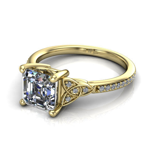 Samara square emerald-cut Celtic engagement ring in 14K Yellow Gold, three-quarter perspective showing the square emerald-cut center diamond, Celtic trinity-knot shoulders, and pavé band