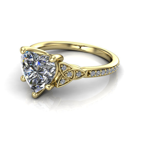 Samara heart-shaped Celtic engagement ring in 14K Yellow Gold, three-quarter perspective showing the heart-shaped center diamond, Celtic trinity-knot shoulders, and pavé band
