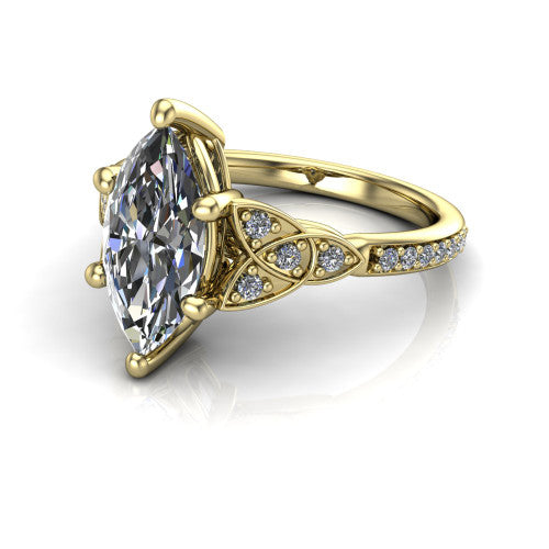 Samara marquise-cut Celtic engagement ring in 14K Yellow Gold, three-quarter perspective showing the marquise-cut center diamond, Celtic trinity-knot shoulders, and pavé band