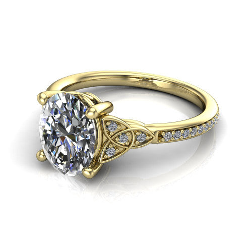Samara oval Celtic engagement ring in 18K Yellow Gold, three-quarter perspective showing the oval center diamond, Celtic trinity-knot shoulders, and pavé band