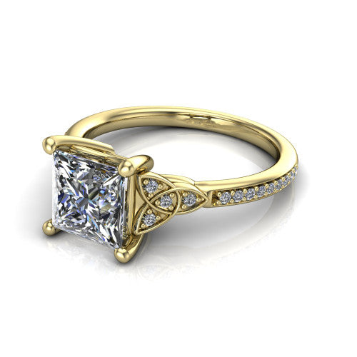 Samara princess-cut Celtic engagement ring in 18K Yellow Gold, three-quarter perspective showing the princess-cut center diamond, Celtic trinity-knot shoulders, and pavé band