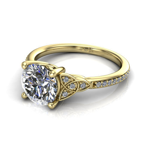 Samara round Celtic engagement ring in 14K Yellow Gold, three-quarter perspective showing the round center diamond, Celtic trinity-knot shoulders, and pavé band