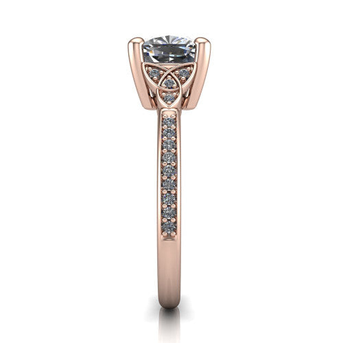 Samara cushion-cut Celtic engagement ring in 18K Rose Gold, side profile showing the Celtic knot shoulder and pavé band