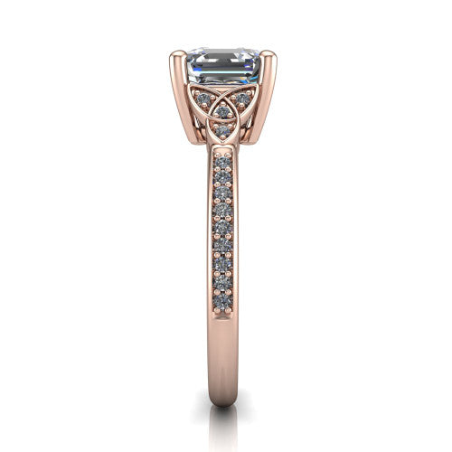Samara square emerald-cut Celtic engagement ring in 18K Rose Gold, side profile showing the Celtic knot shoulder and pavé band