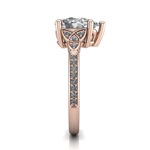 Samara pear-shaped Celtic engagement ring in 18K Rose Gold, side profile showing the Celtic knot shoulder and pavé band