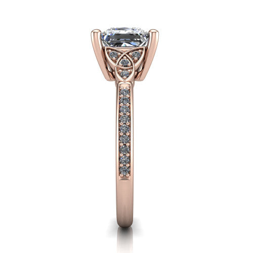 Samara princess-cut Celtic engagement ring in 18K Rose Gold, side profile showing the Celtic knot shoulder and pavé band