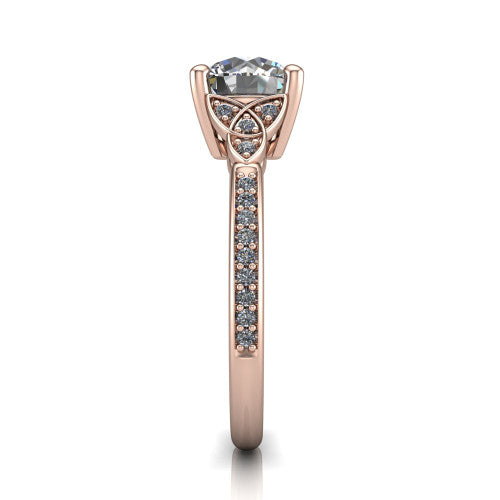 Samara round Celtic engagement ring in 18K Rose Gold, side profile showing the Celtic knot shoulder and pavé band