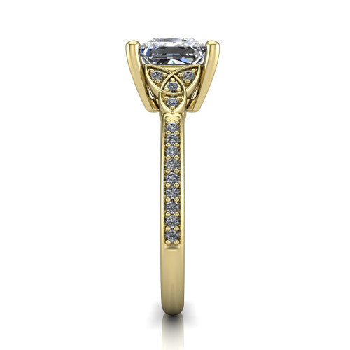 Samara princess-cut Celtic engagement ring in 14K Yellow Gold, side profile showing the Celtic knot shoulder and pavé band