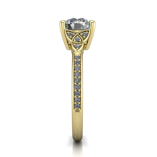 Samara round Celtic engagement ring in 18K Yellow Gold, side profile showing the Celtic knot shoulder and pavé band