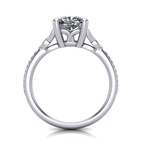 Samara cushion-cut Celtic engagement ring in 18K White Gold, through-finger front profile showing the trinity-knot gallery and pavé band