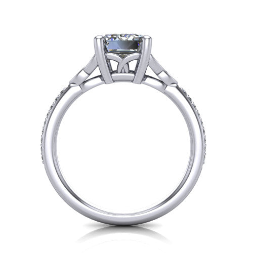 Samara emerald-cut Celtic engagement ring in Platinum, through-finger front profile showing the trinity-knot gallery and pavé band