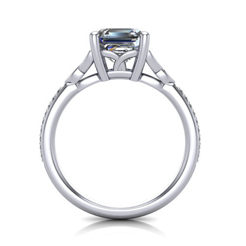 Samara square emerald-cut Celtic engagement ring in Platinum, through-finger front profile showing the trinity-knot gallery and pavé band