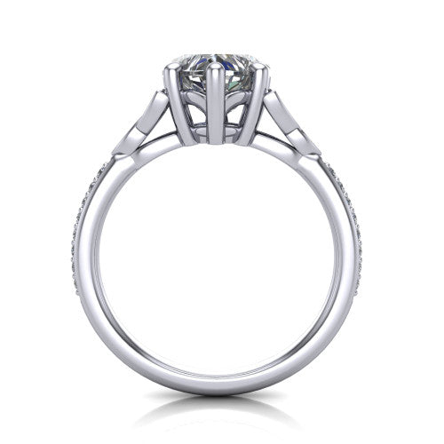 Samara heart-shaped Celtic engagement ring in Platinum, through-finger front profile showing the trinity-knot gallery and pavé band