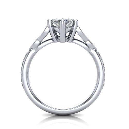 Samara marquise-cut Celtic engagement ring in Platinum, through-finger front profile showing the trinity-knot gallery and pavé band