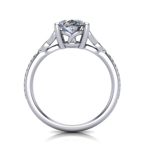 Samara oval Celtic engagement ring in Platinum, through-finger front profile showing the trinity-knot gallery and pavé band