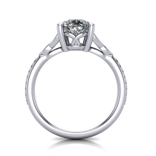 Samara pear-shaped Celtic engagement ring in 18K White Gold, through-finger front profile showing the trinity-knot gallery and pavé band